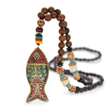 Yumfeel Handmade Nepal Necklace Buddhist Mala Wood Beads Pendant & Necklace Ethnic Horn Fish Long Statement Jewelry Women Men