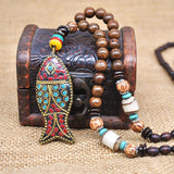 Yumfeel Handmade Nepal Necklace Buddhist Mala Wood Beads Pendant & Necklace Ethnic Horn Fish Long Statement Jewelry Women Men