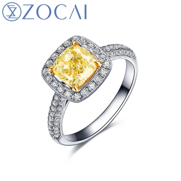 ZOCAI luxurious series 18K white gold Fancy Yellow diamond Cushion cut 0.70 ct certified diamond engagement ring W06163