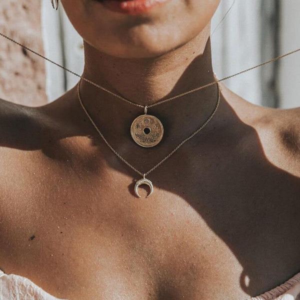 docona Boho Gold Color Coin Horn Pendant Necklace for Women Girl Long Charms Layered Necklaces Statement Jewelry 6033