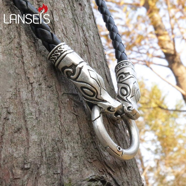 lanseis 1pcs viking wolf chain leather necklace men necklace